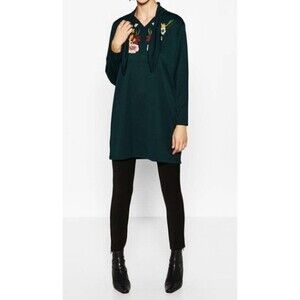 Zara green top tunic Long sleeve front bow tie  front floral embroidery size S